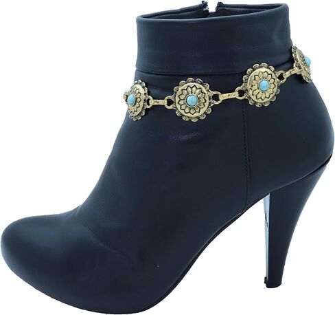 TrendyFashionJewelry TFJ Women Western Boot Chain Metal Bling Bracelet Cowgirl Anklet High Heel Truqoise Blue Flower Charm Antique Gold Color in Saudi Arabia