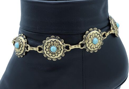 TrendyFashionJewelry TFJ Women Western Boot Chain Metal Bling Bracelet Cowgirl Anklet High Heel Truqoise Blue Flower Charm Antique Gold Color in Saudi Arabia