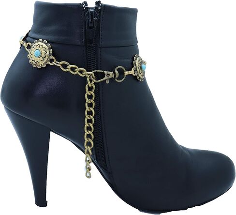 TrendyFashionJewelry TFJ Women Western Boot Chain Metal Bling Bracelet Cowgirl Anklet High Heel Truqoise Blue Flower Charm Antique Gold Color in Saudi Arabia