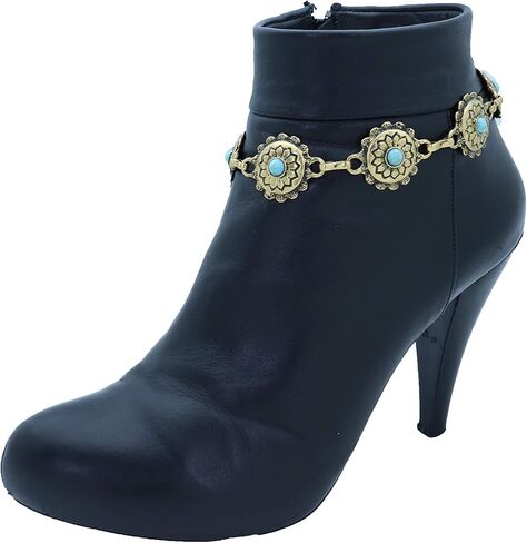 TrendyFashionJewelry TFJ Women Western Boot Chain Metal Bling Bracelet Cowgirl Anklet High Heel Truqoise Blue Flower Charm Antique Gold Color in Saudi Arabia