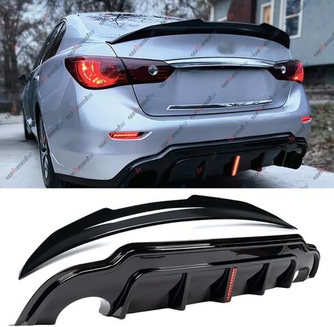 2014–2017 Compatible with Infiniti Q50, Rear Trunk Spoiler & Rear Bumper Diffuser with V2 LED Brake Light, PSM Duckbill Style, Carbon Fiber Pattern – WheelX in Saudi Arabia