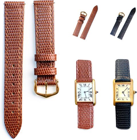 17mm Brown Lizard Pattern Leather Watch Band Replacement Strap for Cartier Tank - Gold Buckle & Quick Release in Saudi Arabia