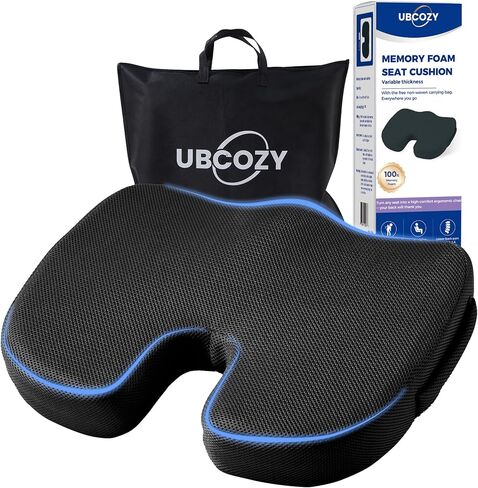 Memory Foam Seat Cushion for Office Chair, Car, Airplane, Wheelchair– Relieves Lumbar, Orthopedic, Sciatic, Coccyx and Back Pain–Comfortable Non-Slip – Variable Thickness: 2.75'' or 3.15'' (Black) in Saudi Arabia