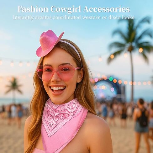 3 مجموعات من عصابة رأس قبعة رعاة البقر الوردية، قبعات رعاة البقر الصغيرة، عصابات رأس نظارات على شكل قلب ومجموعة زي باندانا، غطاء رأس رعاة البقر الغربي اللامع للنساء والرجال، ملحقات حفلات راعية البقر الوردية in Kuwait