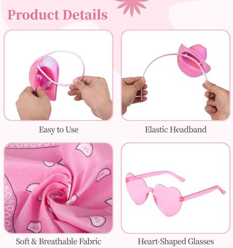 3 مجموعات من عصابة رأس قبعة رعاة البقر الوردية، قبعات رعاة البقر الصغيرة، عصابات رأس نظارات على شكل قلب ومجموعة زي باندانا، غطاء رأس رعاة البقر الغربي اللامع للنساء والرجال، ملحقات حفلات راعية البقر الوردية in Kuwait