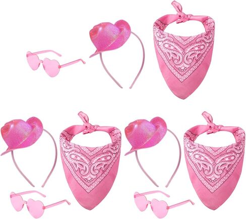 3 مجموعات من عصابة رأس قبعة رعاة البقر الوردية، قبعات رعاة البقر الصغيرة، عصابات رأس نظارات على شكل قلب ومجموعة زي باندانا، غطاء رأس رعاة البقر الغربي اللامع للنساء والرجال، ملحقات حفلات راعية البقر الوردية in Kuwait