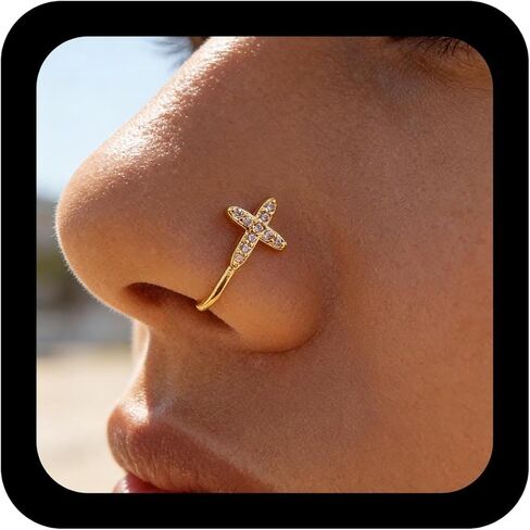 Punk Crystal Cross Nose Ring Gold Cross Nose Cuff Hoop Ring Vintage Cross Fake Nose Ring Non Pierced Nose Ring Gothic Clip On Nose Ring Jewelry for Women in Saudi Arabia