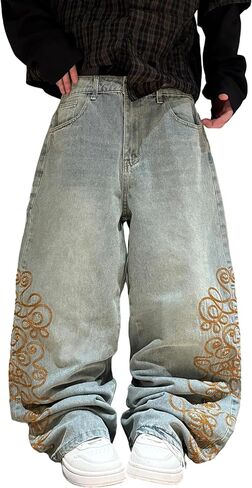 Mens Baggy Jeans Wide Leg Denim Pants Hip Hop Trousers Y2k Embroidered Fashion Streetwear Clothing in Saudi Arabia