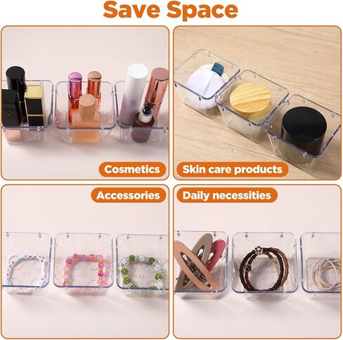 24 Pcs Clear Plastic Drawer Organizer Set, 3 x 3 x 2 Inch Stackable Storage Bins Dividers for Makeup, Office, Kitchen, Bathroom Organization in Saudi Arabia