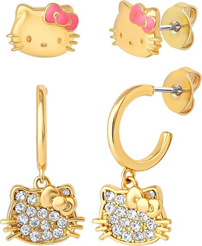 Hello Kitty Earrings for Women 2 Pairs Official License, 18K Gold Flash-Plated Studs and Huggie Earrings with Clear Crystals in Saudi Arabia