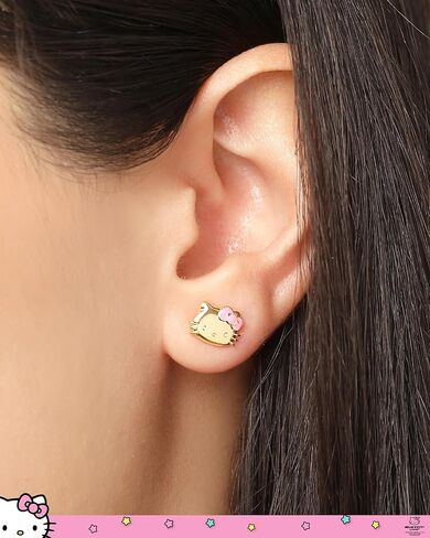 Hello Kitty Earrings for Women 2 Pairs Official License, 18K Gold Flash-Plated Studs and Huggie Earrings with Clear Crystals in Saudi Arabia