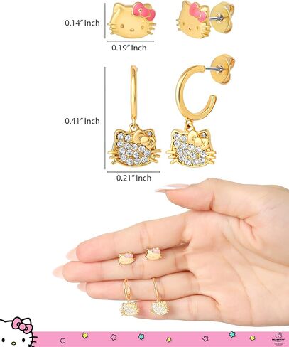 Hello Kitty Earrings for Women 2 Pairs Official License, 18K Gold Flash-Plated Studs and Huggie Earrings with Clear Crystals in Saudi Arabia