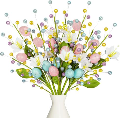 6 قطع من أعواد بيض عيد الفصح - سيقان الزهور الاصطناعية الربيعية مع الخرز ديكور للمنزل مزهرية حشو الطاولة المركزية in Kuwait