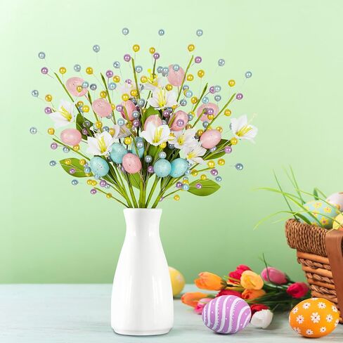 6 قطع من أعواد بيض عيد الفصح - سيقان الزهور الاصطناعية الربيعية مع الخرز ديكور للمنزل مزهرية حشو الطاولة المركزية in Kuwait