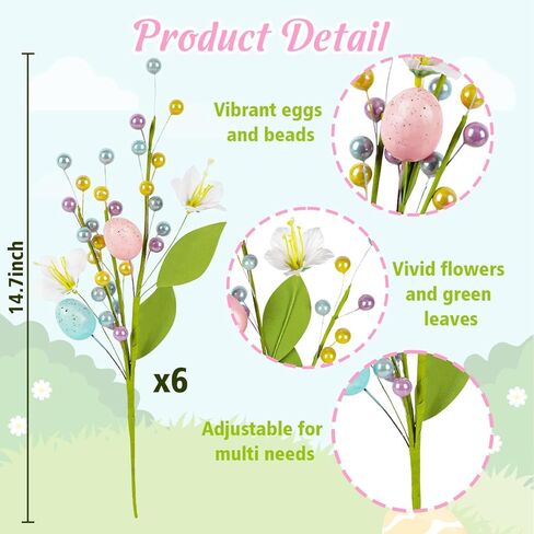 6 قطع من أعواد بيض عيد الفصح - سيقان الزهور الاصطناعية الربيعية مع الخرز ديكور للمنزل مزهرية حشو الطاولة المركزية in Kuwait
