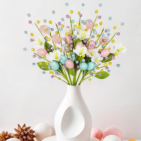 6 قطع من أعواد بيض عيد الفصح - سيقان الزهور الاصطناعية الربيعية مع الخرز ديكور للمنزل مزهرية حشو الطاولة المركزية in Kuwait