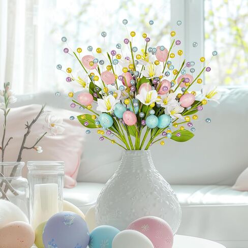 6 قطع من أعواد بيض عيد الفصح - سيقان الزهور الاصطناعية الربيعية مع الخرز ديكور للمنزل مزهرية حشو الطاولة المركزية in Kuwait