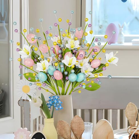 6 قطع من أعواد بيض عيد الفصح - سيقان الزهور الاصطناعية الربيعية مع الخرز ديكور للمنزل مزهرية حشو الطاولة المركزية in Kuwait