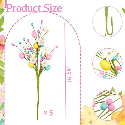 Easter Decorations, 18 Inch Pastel Floral Egg Stems for Vase Pot Filler, 5 Pcs Eggs Picks for Easter Table Centerpieces Mantle Decor, Spring Flower Branches Party Supplies for Home Classroom in Kuwait