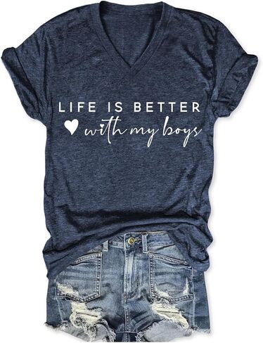 Life is Better with My Boys T-Shirt Women Funny Graphic Short Sleeve Mom Gift Shirts Summer Casual Workout Tops Tee in Saudi Arabia