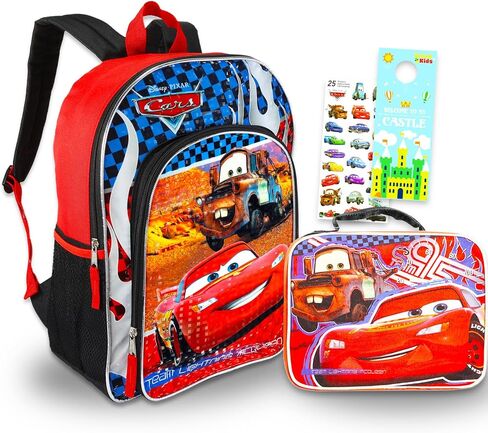 Lightning McQueen School Bag with Lunch Box Set - Bundle with 16" Disney Cars Backpack, Lunch Bag, Stickers, More | Lightning McQueen Backpack for Kids in Saudi Arabia