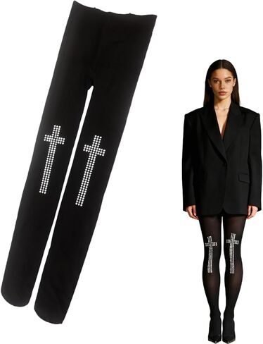 Black Opaque Pantyhose with Sparkling Studded Cross Design - Gothic & Y2K Aesthetic Tights for Women, Emo & Alt Fashion Stocking Accessory for Parties, Halloween & Daily Wear in Saudi Arabia