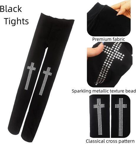Black Opaque Pantyhose with Sparkling Studded Cross Design - Gothic & Y2K Aesthetic Tights for Women, Emo & Alt Fashion Stocking Accessory for Parties, Halloween & Daily Wear in Saudi Arabia