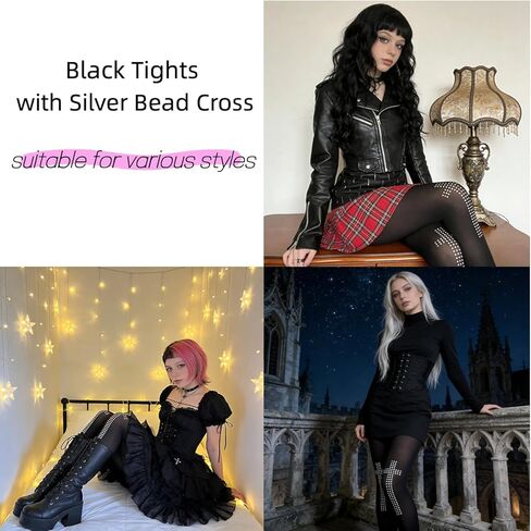 Black Opaque Pantyhose with Sparkling Studded Cross Design - Gothic & Y2K Aesthetic Tights for Women, Emo & Alt Fashion Stocking Accessory for Parties, Halloween & Daily Wear in Saudi Arabia