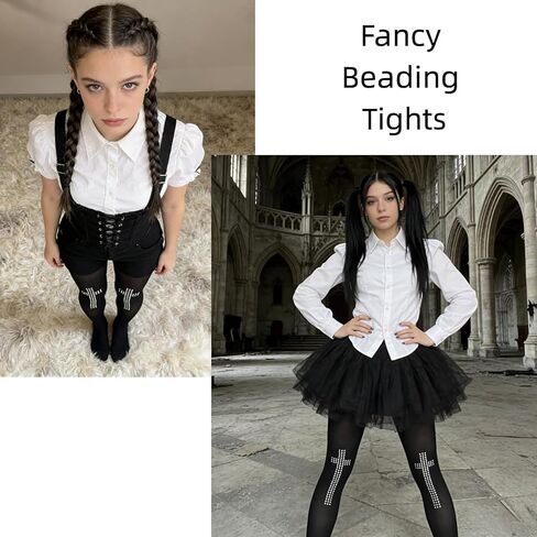 Black Opaque Pantyhose with Sparkling Studded Cross Design - Gothic & Y2K Aesthetic Tights for Women, Emo & Alt Fashion Stocking Accessory for Parties, Halloween & Daily Wear in Saudi Arabia