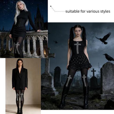 Black Opaque Pantyhose with Sparkling Studded Cross Design - Gothic & Y2K Aesthetic Tights for Women, Emo & Alt Fashion Stocking Accessory for Parties, Halloween & Daily Wear in Saudi Arabia