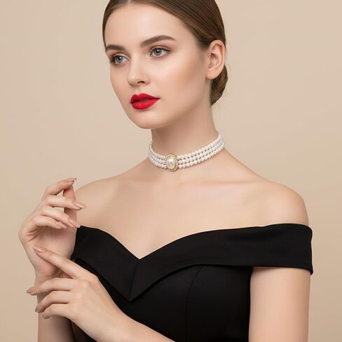 Hecila Pearl Choker Necklace for Women Boho 3 Tier Multilayer Dainty Rhinestones Pearls Chokers Layered Choker White Victorian Jewelry as Faux Pearl Vintage Chokers Necklace Birthday Christmas Gifts in Saudi Arabia