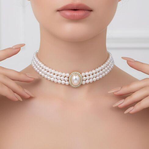 Hecila Pearl Choker Necklace for Women Boho 3 Tier Multilayer Dainty Rhinestones Pearls Chokers Layered Choker White Victorian Jewelry as Faux Pearl Vintage Chokers Necklace Birthday Christmas Gifts in Saudi Arabia