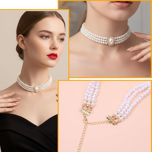 Hecila Pearl Choker Necklace for Women Boho 3 Tier Multilayer Dainty Rhinestones Pearls Chokers Layered Choker White Victorian Jewelry as Faux Pearl Vintage Chokers Necklace Birthday Christmas Gifts in Saudi Arabia
