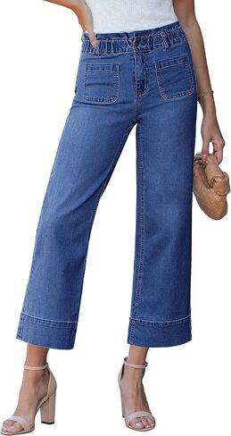 luvamia Wide Leg Jeans for Women Cropped High Waisted Patch Pocket Paper Bag Waist Stretchy Denim Pants Trouser Jeans in Saudi Arabia