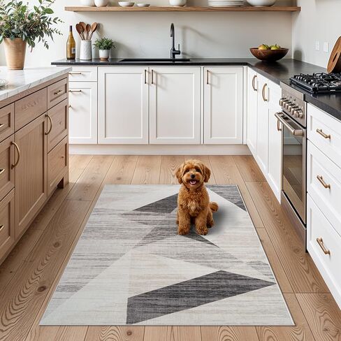 Modern Entryway 3x4 Rug - Washable Geometric Area Rugs for Kitchen Bathroom Non-Slip Ultra-Thin Indoor Door Mat Indoor Entrance - Stain Resistant Small Throw Carpet (Grey Cream Beige, 3X4) in Kuwait