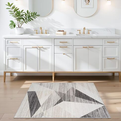 Modern Entryway 3x4 Rug - Washable Geometric Area Rugs for Kitchen Bathroom Non-Slip Ultra-Thin Indoor Door Mat Indoor Entrance - Stain Resistant Small Throw Carpet (Grey Cream Beige, 3X4) in Kuwait