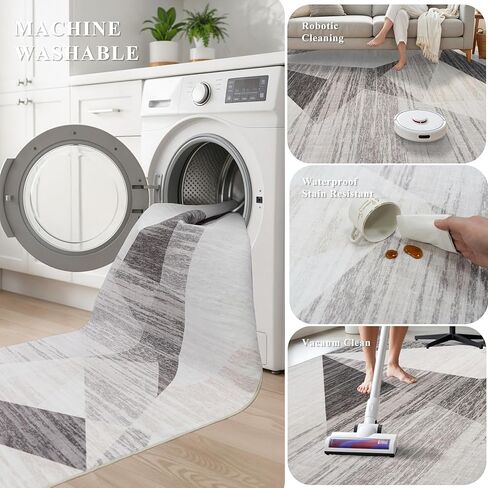Modern Entryway 3x4 Rug - Washable Geometric Area Rugs for Kitchen Bathroom Non-Slip Ultra-Thin Indoor Door Mat Indoor Entrance - Stain Resistant Small Throw Carpet (Grey Cream Beige, 3X4) in Kuwait