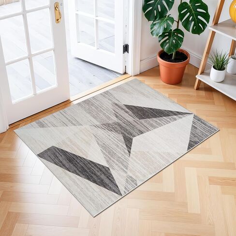 Modern Entryway 3x4 Rug - Washable Geometric Area Rugs for Kitchen Bathroom Non-Slip Ultra-Thin Indoor Door Mat Indoor Entrance - Stain Resistant Small Throw Carpet (Grey Cream Beige, 3X4) in Kuwait