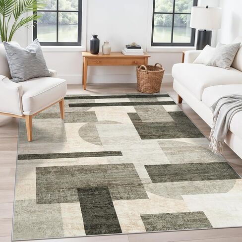 Modern Entryway 3x4 Rug - Washable Geometric Area Rugs for Kitchen Bathroom Non-Slip Ultra-Thin Indoor Door Mat Indoor Entrance - Stain Resistant Small Throw Carpet (Grey Cream Beige, 3X4) in Kuwait