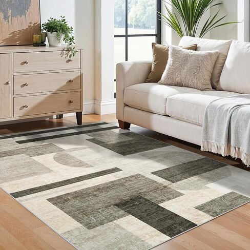Modern Entryway 3x4 Rug - Washable Geometric Area Rugs for Kitchen Bathroom Non-Slip Ultra-Thin Indoor Door Mat Indoor Entrance - Stain Resistant Small Throw Carpet (Grey Cream Beige, 3X4) in Kuwait