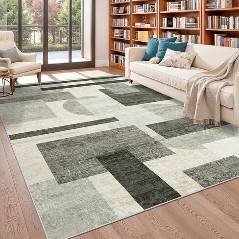 Modern Entryway 3x4 Rug - Washable Geometric Area Rugs for Kitchen Bathroom Non-Slip Ultra-Thin Indoor Door Mat Indoor Entrance - Stain Resistant Small Throw Carpet (Grey Cream Beige, 3X4) in Kuwait