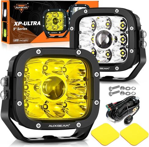 Auxbeam 5 Inch LED Driving Lights with Amber Covers, 110W Super Bright Offroad Spot Lights Square LED Pods Cube Light Bar Amber Yellow Fog Lights for Truck Jeep Polaris GMC Ford Bumper, 2PCS in Kuwait