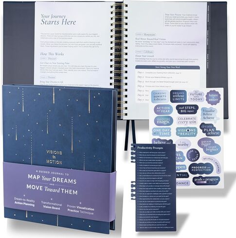 Manifestation Journal & Vision Board Kit Guided Journal | Habit Tracker & Goal Planner, Self Care & Reflection Tools | Undated Vegan Leather Hardcover | Visions in Motion Portable Vision Board (Navy) in Saudi Arabia