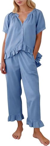 COZYPOIN Cotton Pajamas for Women Set 2 Piece Button Down Puff Sleeve Babydoll Shirt Ruffle Pants Cute Pjs Lounge Sets in Saudi Arabia