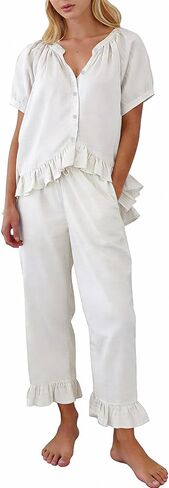 COZYPOIN Cotton Pajamas for Women Set 2 Piece Button Down Puff Sleeve Babydoll Shirt Ruffle Pants Cute Pjs Lounge Sets in Saudi Arabia