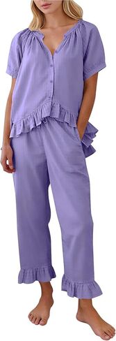 COZYPOIN Cotton Pajamas for Women Set 2 Piece Button Down Puff Sleeve Babydoll Shirt Ruffle Pants Cute Pjs Lounge Sets in Saudi Arabia