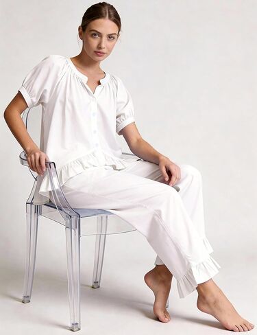 COZYPOIN Cotton Pajamas for Women Set 2 Piece Button Down Puff Sleeve Babydoll Shirt Ruffle Pants Cute Pjs Lounge Sets in Saudi Arabia