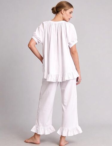 COZYPOIN Cotton Pajamas for Women Set 2 Piece Button Down Puff Sleeve Babydoll Shirt Ruffle Pants Cute Pjs Lounge Sets in Saudi Arabia