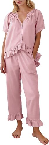 COZYPOIN Cotton Pajamas for Women Set 2 Piece Button Down Puff Sleeve Babydoll Shirt Ruffle Pants Cute Pjs Lounge Sets in Saudi Arabia