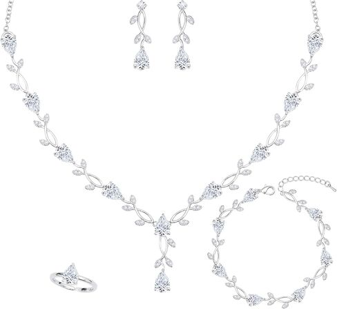 مجموعة مجوهرات الزفاف مكونة من 4 قطع للنساء مطلية بالبلاتينيوم مكعب زركونيا على شكل دمعة وأقراط وسوار قابل للتعديل وحلقة زفاف وإكسسوارات حفلات الزفاف ووصيفات العروس مع صندوق هدايا in Kuwait